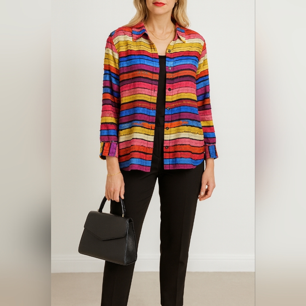 Chico's Desian Colorful Art to Wear Silk Applique Striped Button Down Shirt